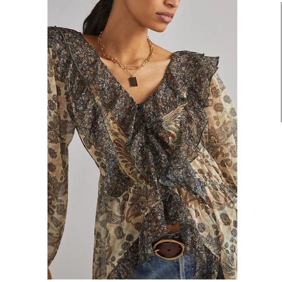 Anthropologie Let Me Be Sheer Femme Maxi Boho Ruffle Hi-Low Tops Size S NWT - Picture 4 of 16